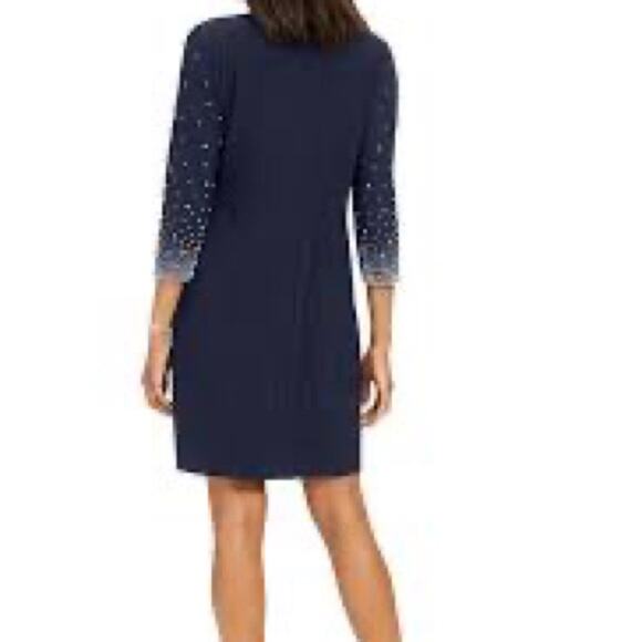 NWT MSK Dress SMALL Embellished Sleeved Sheath Stretch  Navy Blue - Picture 2 of 11